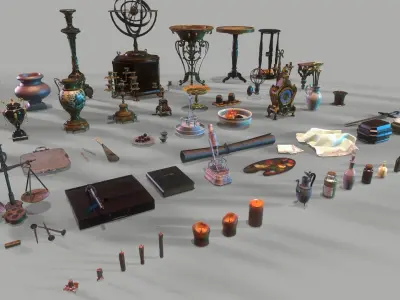64 vintage props for home Low-poly 3D model