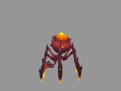 Cartoon fire-elemental spider monster Low-poly 3D model