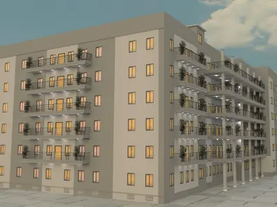 Hotel building with solar panels on roof 3D model