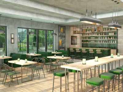 Industrial coffee bar restaurant interior design 3D model