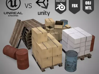 Set of different materials boxes  pallets  blocks barrels Low-poly 3D model