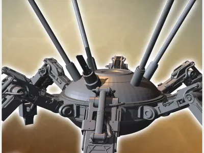Robotic spider-like machine with multiple articulated legs and a 3D print model