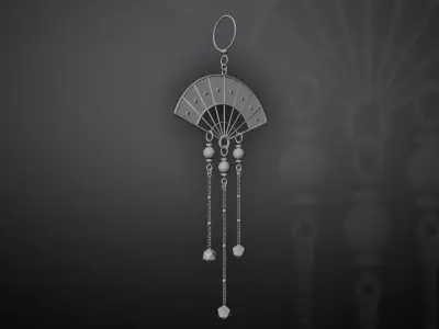 Traditional Chinese Fan Earring with Gemstones Low-poly 3D model