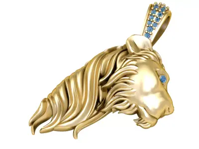14K Gold Lion Head Pendant with Sapphire Accents 3D print model