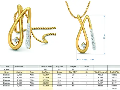 Pendant 3dm STL FBX OBJ Render Details nadiya diamond in gold 3D print model