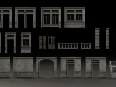 CLASSIC EUROPEAN KITBASH 01 MODULAR BUILDING WITH INTERIOR Low-poly 3D model