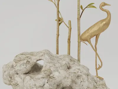 Decorative Set bronze sculpture of heron and bamboo on rock 3D model