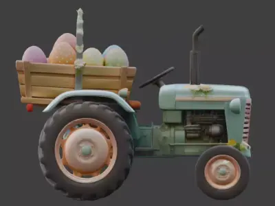 3D SPRING TRACTOR WITH EASTER EGG CART Low-poly 3D model