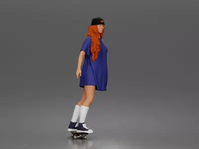 Skateboard girl in long shirt and cap gliding smoothly forward 3D print model