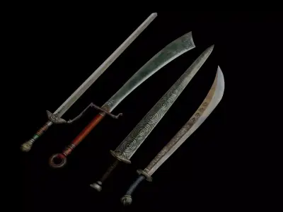 Lowpoly Swords three chinese Free low-poly 3D model