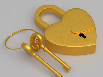 Vintage Love Heart PADLOCK With SKELETON Keys Gold 3D model
