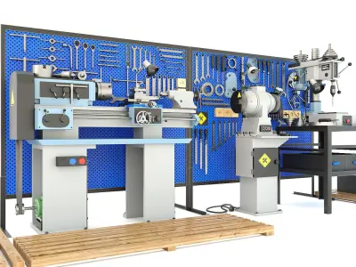 workbench garage tools and lathe grinder drilling machine 3D model