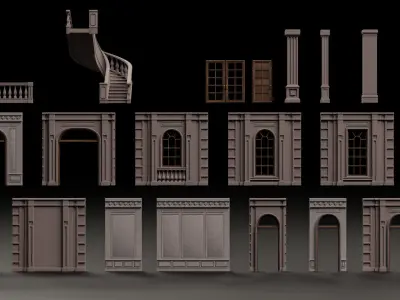 CLASSIC EUROPEAN KITBASH 05 MODULAR BUILDING WITH INTERIOR Low-poly 3D model