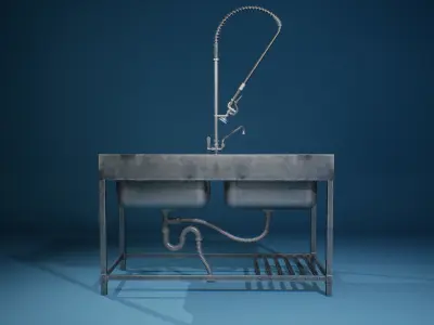 Game-ready PBR Commercial Steel Kitchen Sink Low-poly 3D model