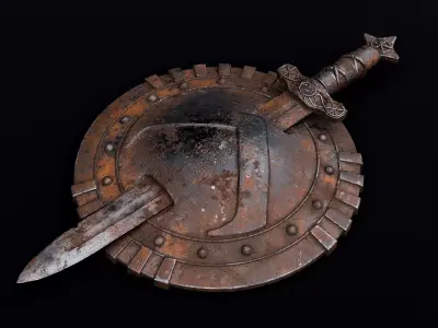 Medieval Rusty Shield with Sword Low-poly 3D model