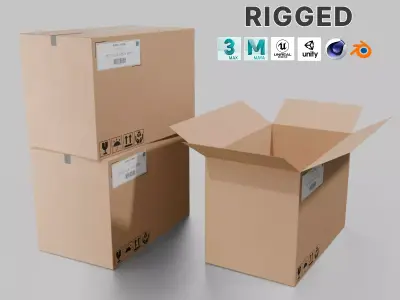 Rectangular Deep Cardboard Box - Rigged and Fully Customizable Low-poly 3D model