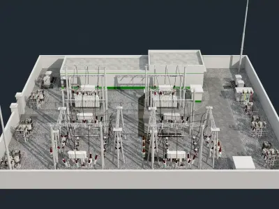 substation power station with wires and poles 3D model