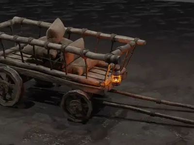 Stylized medieval cart with a lamp and bags Low-poly 3D model
