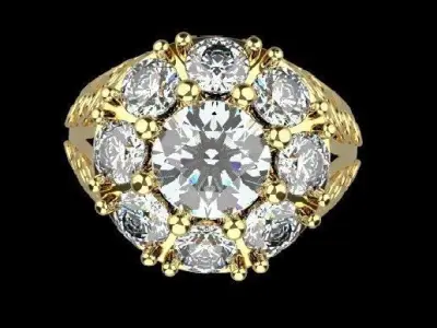 9 gem gold ring with diamonds and filigree 3D print model