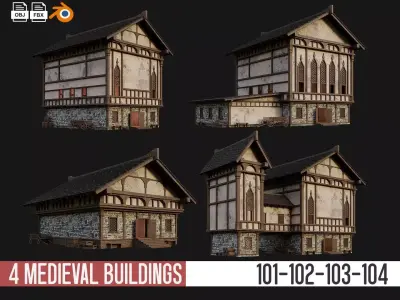 4 Old Medieval Buildings Pack 4K Textures GameReady 101 to 104 Low-poly 3D model