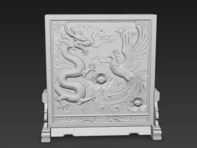 Antique Style Screen Dragon and Phoenix Bringing Prosperity 2 3D model