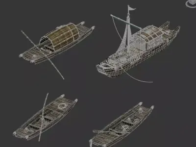 4 wooden boats plank boats small boats ancient fishing boats 3D model