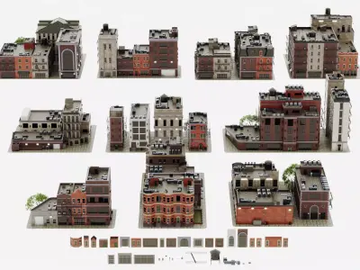 City apartment building package Low-poly 3D model purchase