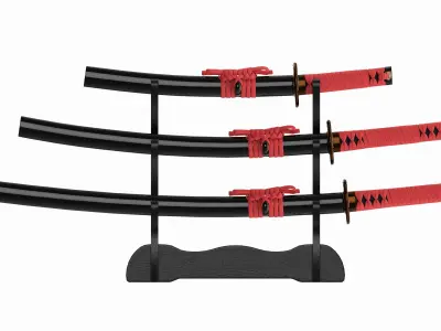 Katana Wakizashi Tanto Set on a Stand 3D model