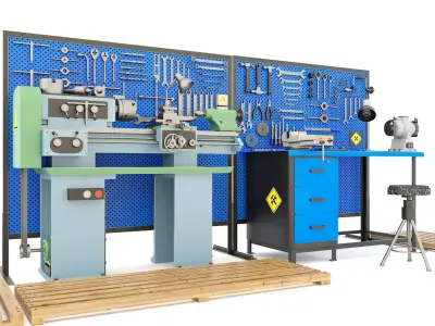 Industrial workbench garage tools and lathe machine 3D model