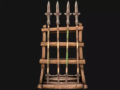 Medieval Wooden Spear Rack Weaponry Armory Set Low-poly 3D model
