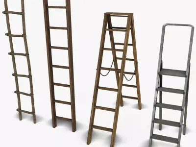 Ladder Collection four wooden ladders Low-poly 3D model