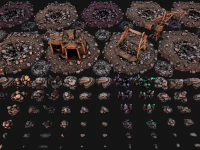 Mine Quarry Crane Industrial Set Crystal Ore Low-poly 3D model