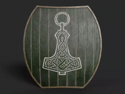 Slavic hybrid shield-painted green with Thor symbol Low-poly 3D model