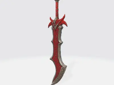 A red fantasy sword with a sharp blade and ornate hilt 3D model
