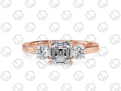 Ring 111 Asscher Shape Cathedral shank 3 stone ring with round 3D print model