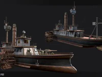 Steampunk Battleship 3D Game Ready Kitbash Textured Low-poly 3D model