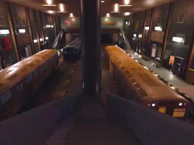 Subway station with trains on tracks Low-poly 3D model