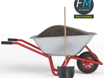 Wheelbarrow with soil and shovel 3D model