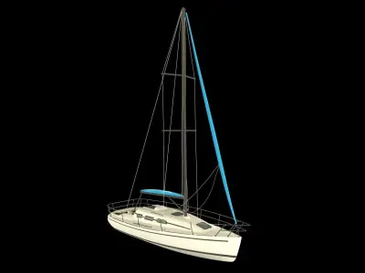 3D model of a sailboat with a white hull and a blue sail 3D model