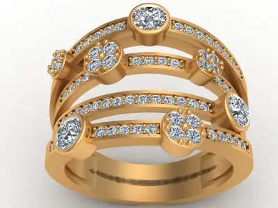 4 Row Fashion Diamond Gold Ring 3D print model