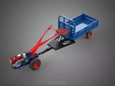 DIESEL HAND WALKING WALK BEHIND TRACTOR TRAILER CART CARGO WAGON 3D model