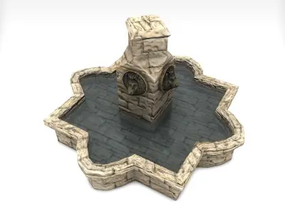 Stone fountain with lion heads Low-poly 3D model