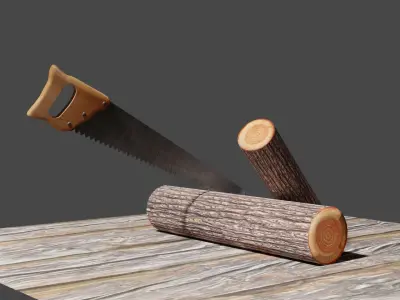 Handsaw and Wood Logs Low-poly 3D model