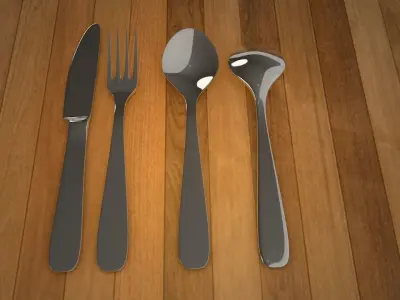3D Spoon Set of silverware on wooden table 3D model
