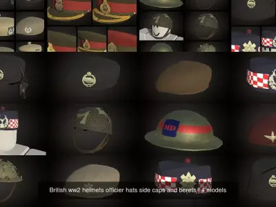 British ww2 helmets officier hats side caps and berets 3D Model Pack