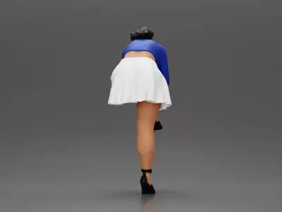 Young woman in skirt adjusts her elegant black high heeled shoes 3D print model