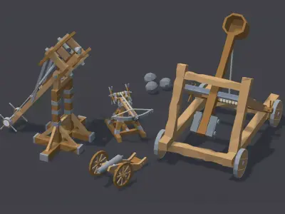 3D Weapons catapult and other wooden equipment Low-poly 3D model
