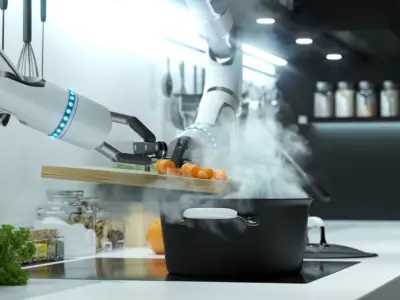 Robot Chef cooking soup 3d realistic animated scene Vray 3D model