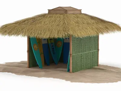 Bamboo Surfboard Storage Hut with Thatched Roof 3D model
