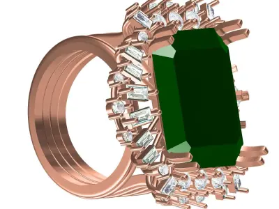 Antique Green Emerald Marquise and baguette Cluster Ring 3D print model